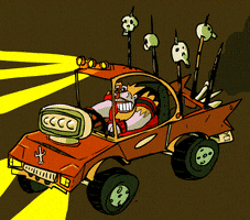 Illustrated gif. Man grins wildly as he drives a car that looks like a post-apocalyptic go kart. On the back of the car are stakes with skulls on them.