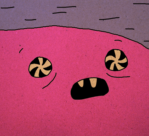 Gif of a pink cartoon blob creature with kaleidoscope eyes and a gaping mouth.