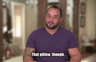 Reality TV gif. Kyle Jacobs on I Love Kellie Pickler. He's being interviewed and he smiles and raises his eyebrows while nodding and saying, "That pillow though."