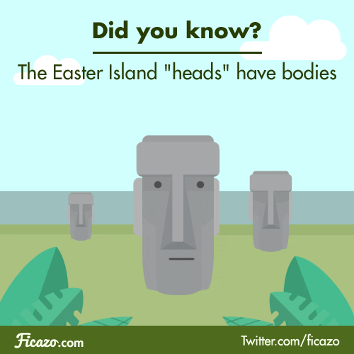 Digital art gif. The Easter Island stone heads. We then zoom out to see that one of the heads has a body underground, amongst fossils and dirt. The Easter Island head exercises with dumbbells. Text, “The Easter Island ‘Heads’ have bodies.”