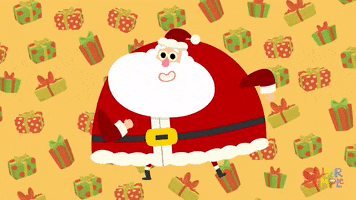 Digital art gif. Christmas gifts fall behind a bell shaped Santa Claus that swings his arms and does a pirouette. 