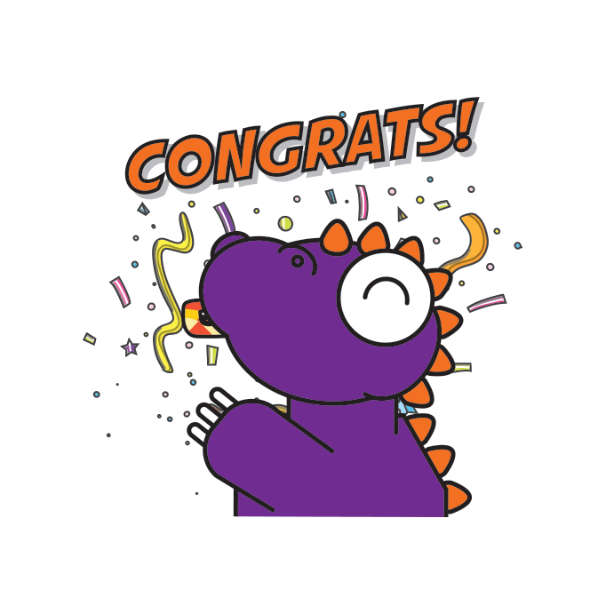 Pohyblivý obrázek s fialovým dráčkem foukajícím na narozeninovou frkačku s nápisem "Congrats!". 