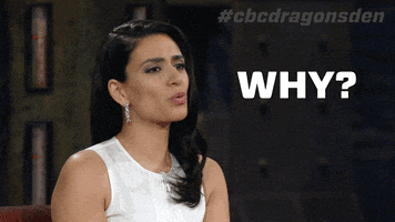Reality TV gif. Manjit Minhas on Dragons Den looks over with a worried expression on her face as she yells out, “Why?”