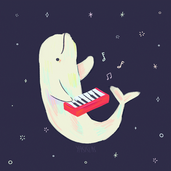 An animated gif with a white dolphin floating in space, playing a miniature piano that is in its "lap"