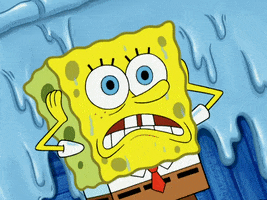 SpongeBob SquarePants gif. SpongeBob holds his hands to his ears, blinking and sweating and gritting his teeth with anxiety.