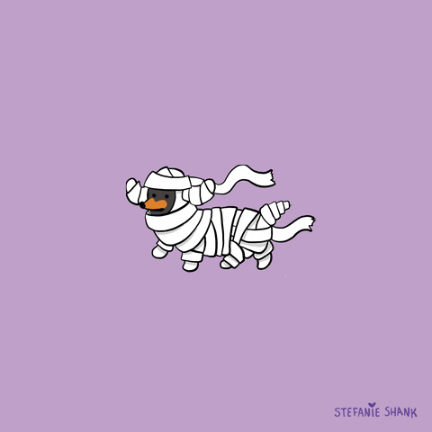 Cartoon gif. Black and brown dachshund wrapped in mummy cloth struts in a continuous loop against a light purple background.