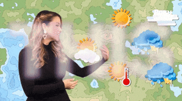 Video gif. A meteorologist stands in front of a weather map and gestures to the right, where a high temperature icon turns into an explosive flame. Flashing white text, 'This."