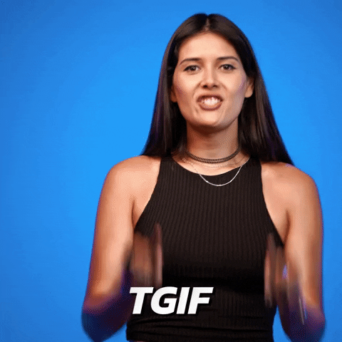 Video gif. A woman holds up both ring fingers in a defiant gesture and says "TGIF."