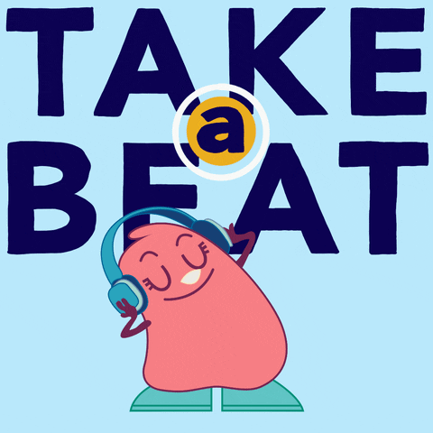 Digital art gif. Dancing pink blob with arms, legs, and a smiling face wears headphones and bops to the music. Large text behind the blog reads, "Take a beat," everything against a light blue background.