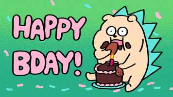 Kawaii gif. A chibi dinosaur is wide eyed and inhaling chocolate cake as it sits on the floor. The cake is between its legs and it eats with its hands. Text, "Happy Bday!" 