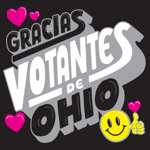 Digital art gif. Black and white 3D bubble letters with pewter gray shadowing bob in and out on a black background, surrounded by hot pink hearts and a smiley face giving a thumbs up. Text, "Gracias votantes de Ohio."