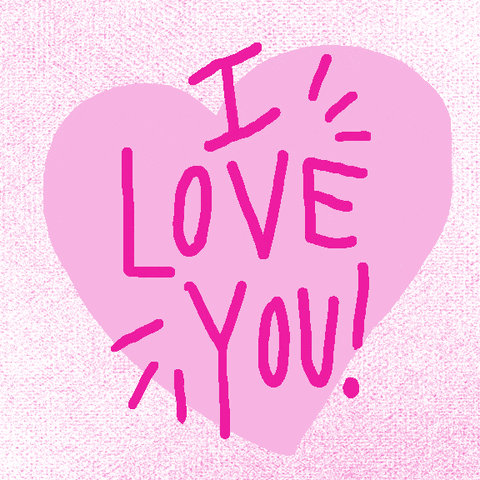 Text gif. Pink text over a pink heart background reads "I love you!"