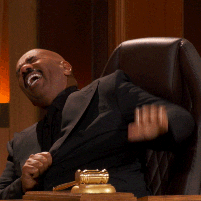 Celebrity gif. Steve Harvey leans back in a chair, laughing so hard it looks like it hurts. He's holding a hand out like he's telling someone to stop. 