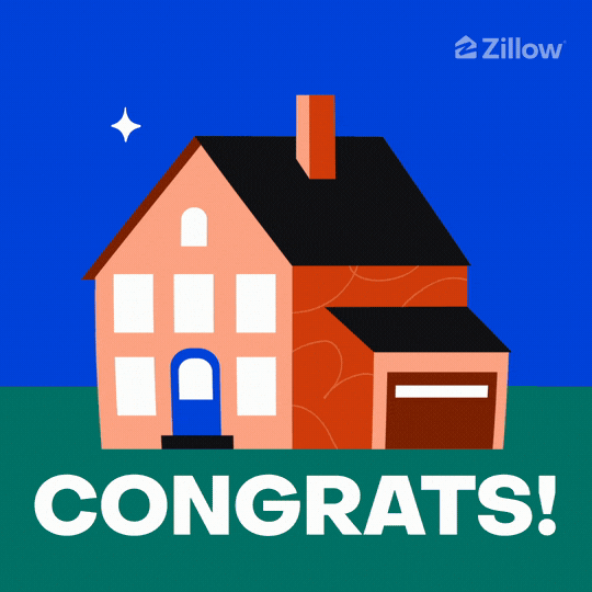 Sponsored gif. Animated house bobs with excitement while fireworks explode over it. Text below the house reads, “Congrats!”