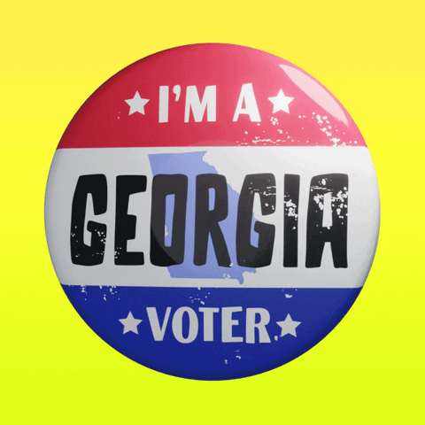Digital art gif. Round red, white, and blue button featuring the shape of Georgia spins over a yellow background. Text, “I’m a Georgia voter.”
