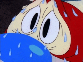 TV gif. Close-up on the face of Stimpy from Ren and Stimpy. Drops of sweat pour down his big, worried eyes and blue nose. 