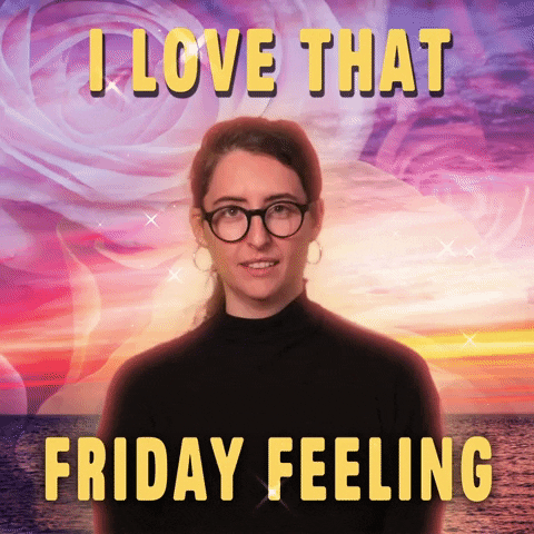 Video gif. A woman sits in front of a green screen of a sunset and hypnotic rings twist around her. She looks at us and says very seriously, "I love that Friday feeling."