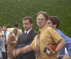 The Office gif. With a bandaged hand and a fire extinguisher under his arm, Rainn Wilson as Dwight jumps, punches the air, and cheers excitedly while the rest of the Dunder Mifflin employees idly mill around the parking lot.