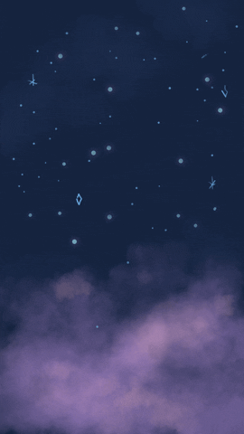 Illustrated gif. Night sky with clouds and stars. We see a shooting star flash by.