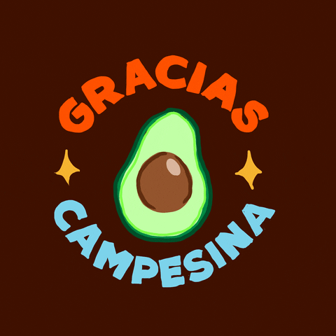 Digital art gif. Sliced avocado surrounded by two sparkles and text, "Gracias Campesina."