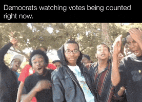 Political gif. Supa Hot Fire the satirical rapper, stands surrounded by his cheering friends as he smugly smiles at us. One friend flies by us with his hands on the side of his head, screaming with his mouth open and his eyes looking straight up. Text, "Democrats watching votes being counted right now."