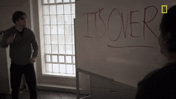 TV gif. Dakota Shapiro as Stephen Paternot in Valley of the Boom forcefully drops a marker on the floor as he looks at a white board scrawled with the words, "It's over."