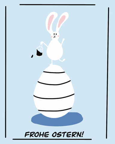Pohybující se kreslený bílý velikonoční zajíček s plechovkou černé barvy, stojící na bílém vajíčku s černými pruhy.