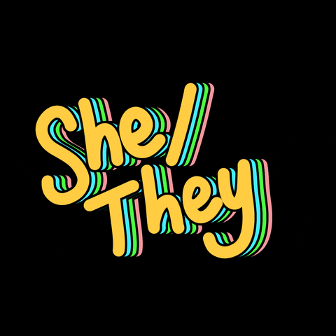 Text gif. Charming handwriting font graphic reading "She/they," blinking blue, pink, yellow, green.