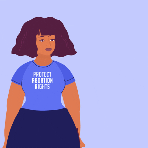 Illustrated gif. Woman with big hair on a icy blue background wearing a shirt that reads, "Protect abortion rights," and waving a picket sign that says, "Vote blue."