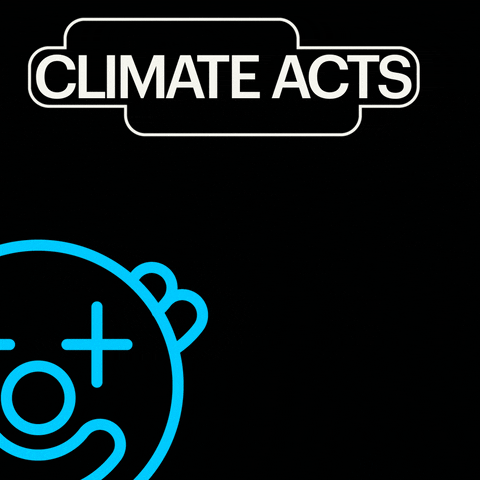 Digital art gif. Clip art of a blue clown face bounces around like a screensaver against a black background. Text, “Climate acts, not circus acts.”