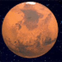Digital art gif. Pixelated, orange planet spins slowly on its axis.