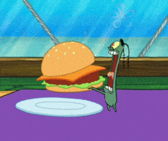 SpongeBob gif. Small Plankton crams an entire hamburger in his mouth leaving the outline of the burger on the outside of his green body. 