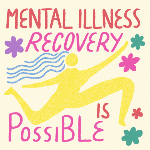 Digital art gif. Yellow illustration of an abstract woman in a running pose is surrounded by cartoons of rotating flowers and colorful hearts. Red and pink letters in fun font reads, "Mental illness recovery is possible."