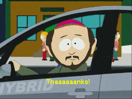 South Park gif. Gerald is driving a car and he smiles and shoots us a thumbs up as he drives away. Text, "Thaaaaanks!"