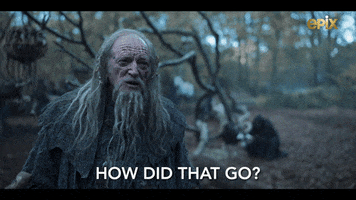TV gif. David Bradley as Quane in Britannia questionably looks ahead. Text, "How did that go?"