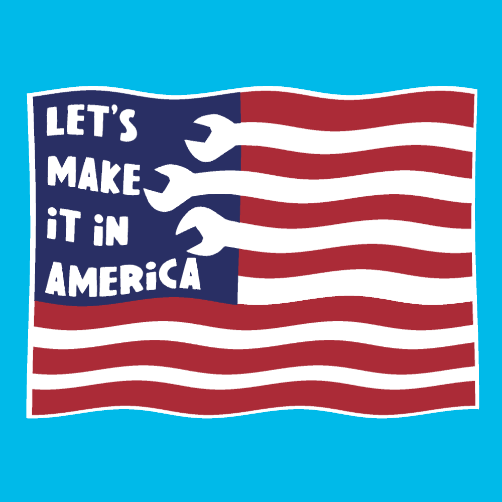 Illustrated gif. American flag with white stripes that turn into wrench heads waves on a sky blue background. White text in place of stars reads, "Let's make it in America."