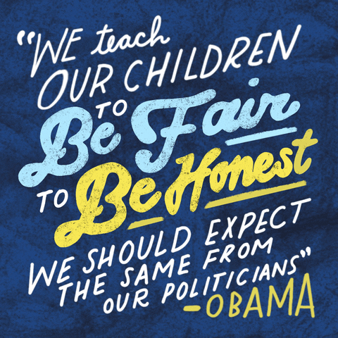 Text gif. Elegantly stylized lettering in white aqua and yellow on a marbled navy background. Text, "We teach our children to be fair and to be honest, we should expect the same from our politicians, Obama."