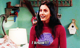 Friends gif. Courteney Cox as Monica hunches over in excited laughter. Text, "I know!!!"