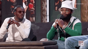 TV gif. Two men, one with sunglasses and another wearing a bucket hat sit on a couch together holding microphones to their faces. One of them looks over at the other one and then out at the audience, loudly saying, “Facts.” with a serious expression. 