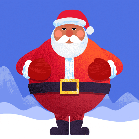 Cartoon gif. Against a snowy background, a black Santa Claus gives us a cheerful laugh, and his belly shakes like a bowl full of jelly. Text, "Ho ho ho!"