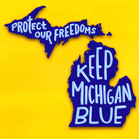 Digital art gif. Royal blue graphic of the state of Michigan on a bright yellow background, glossy marker font within. Text, "Protect our freedoms, keep Michigan blue."